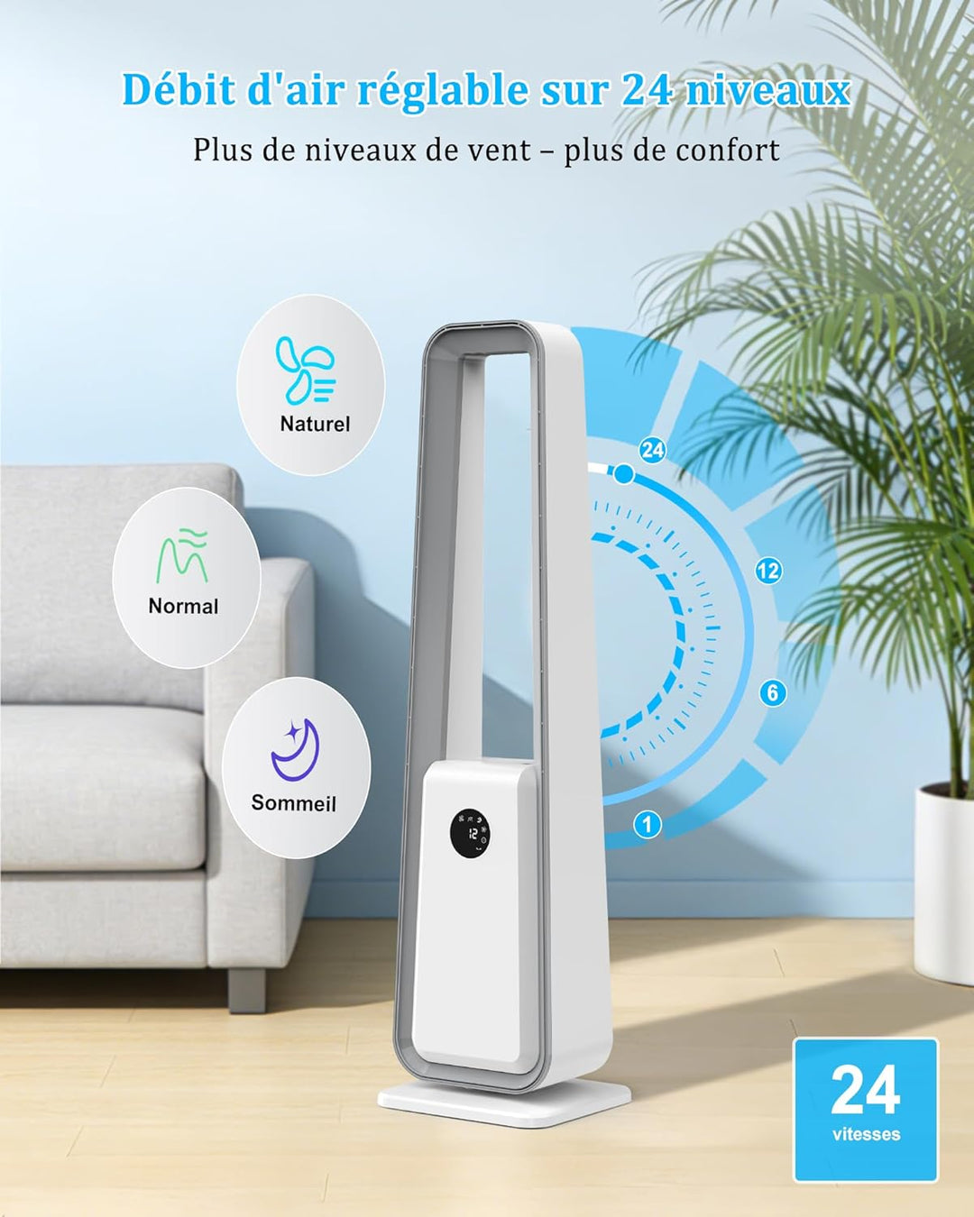 Rotorloser Turmventilator sehr leise mit Fernbedienung : 24 Geschwindigkeiten, 3 Modi, 75° Oszillati