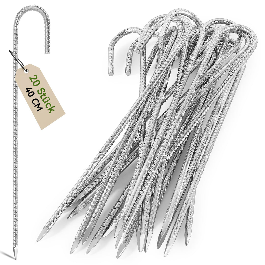 20 Stück 40cm Schwere Trampolin-Zeltanker-Bodennägel - Rostfrei Verzinkter Stahl J-Haken-Rebar-Pfähl