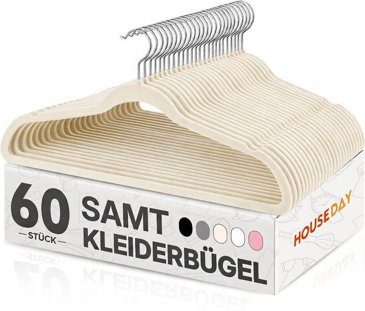 HOUSE DAY Kleiderbügel Samt 60 Stück, Kleiderbügel Platzsparend Filz Bügel | Rutschfester, Premium A