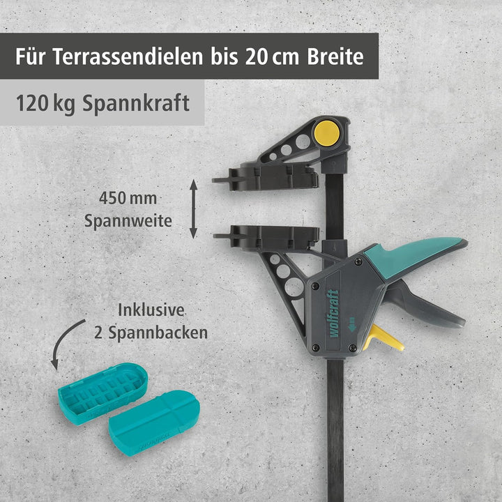 wolfcraft Montagezwinge 6985000 – Zwinge für den Terrassenbau – Distanzhalter für den Bau einer Holz