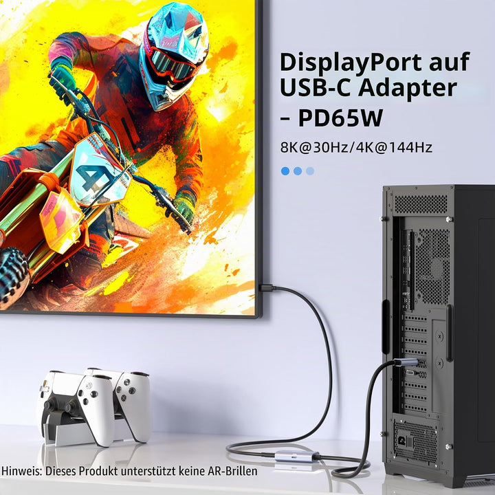8K@30Hz / 4K@144Hz DisplayPort-auf-USB-C-Adapter mit PD 65W-Ladefunktion, Graphit-Kabel, DisplayPort