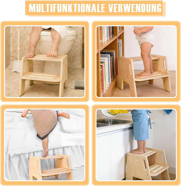 Tritthocker Kinder 2 Stufen – rutschfest, Holz mit Griff, Stabiler Hocker, Tragfähigkeit bis 150kg –