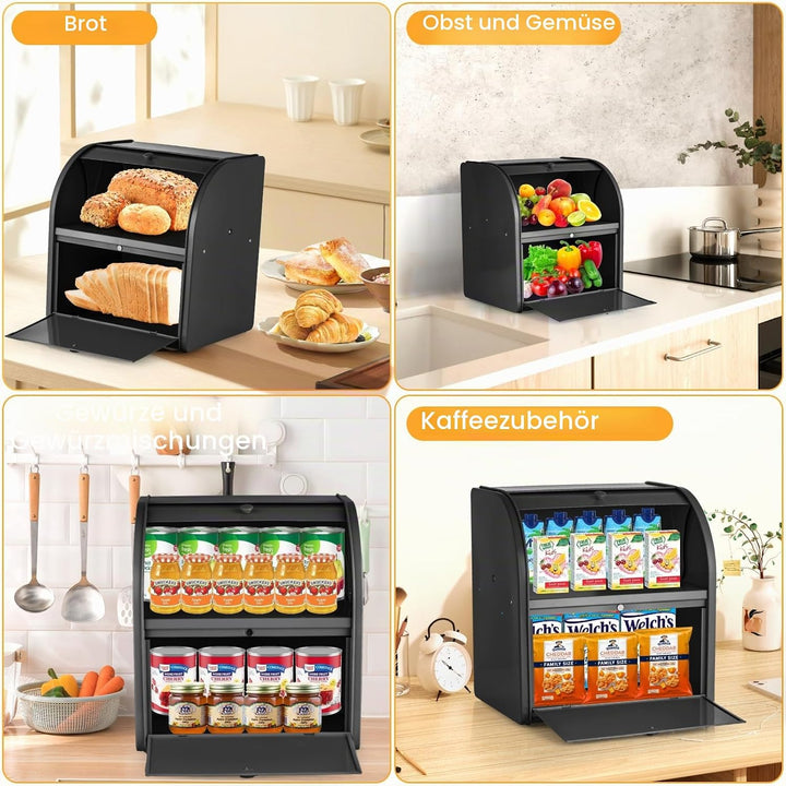 Brotbox aus Metall für Küchenarbeitsplatte, Doppelschicht, Roll-Top-Brotaufbewahrungsbehälter, Leben