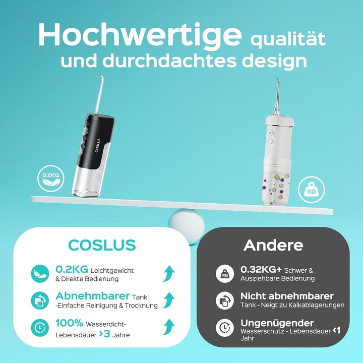 COSLUS Mini Elektrische Munddusche für Unterwegs: 4 Modi Kompaktes Design Abnehmbarer Wassertank für