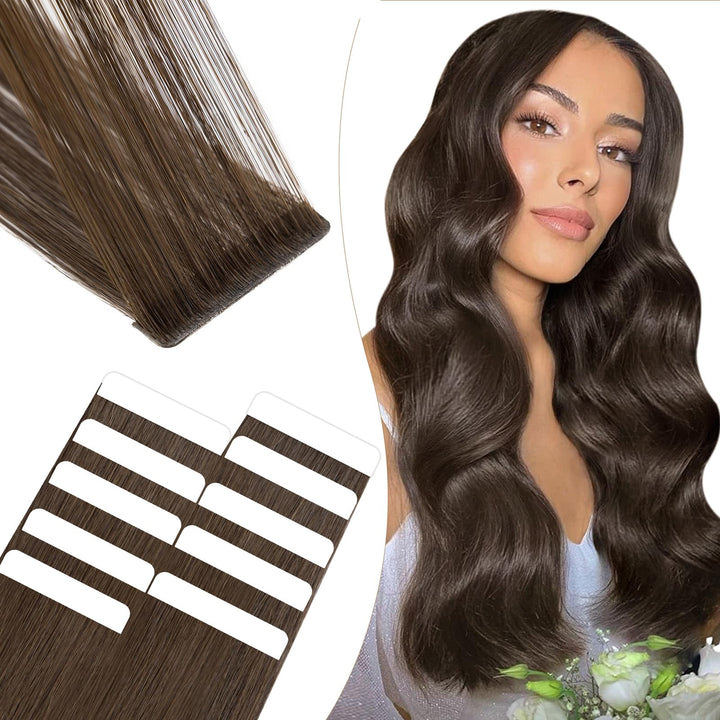 Elailite Tape Extensions Echthaar #2 Dunkelbraun, 10 Stück Unsichtbar Kleber Haarverlängerungen 20g,