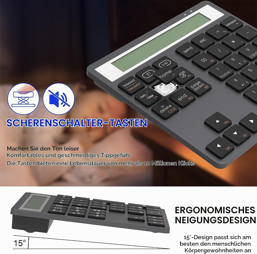 2-in-1 Ziffernblock mit Taschenrechner, 34 Leise Tasten Bluetooth 5.0&amp;2.4G Numpad für Windows/Mac/iO