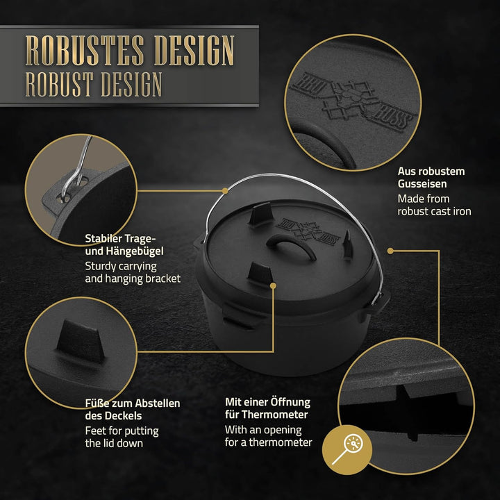 BBQ#BOSS Dutch Oven Set BBQ 4,2 Liter, Eingebrannter Feuertopf aus Gusseisen, Kochtopf mit Deckelheb