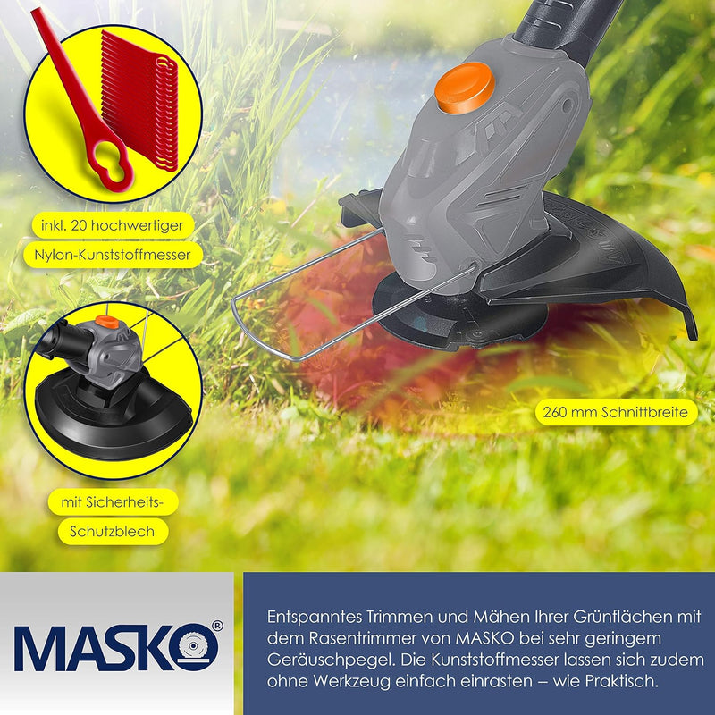 MASKO® Akku-Rasentrimmer mit 20 V Li-Akku, 2,0 Ah Akku und Ladegerät, Motorsense 26 cm Schnittkreis,