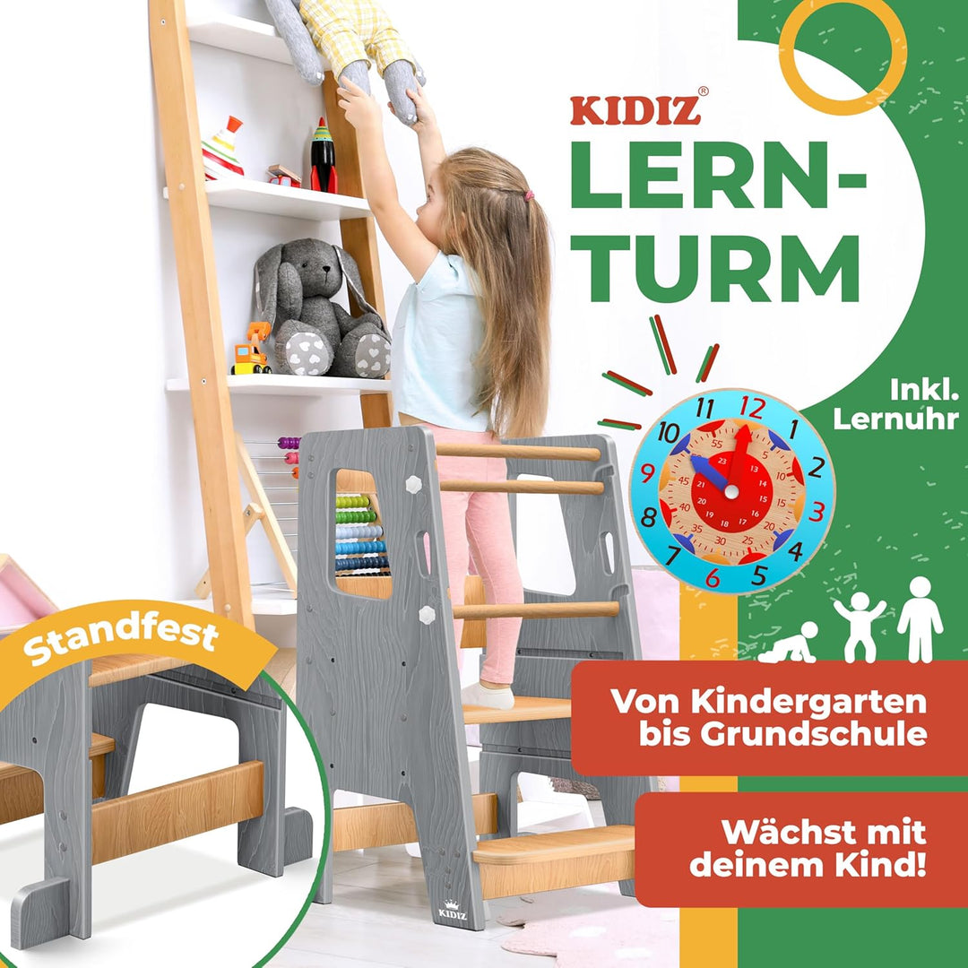 KIDIZ® Lernturm für Kinder ab 1 Jahr inkl. Lernuhr | 3-stufig Höhenverstellbarer Tritthocker aus Kie
