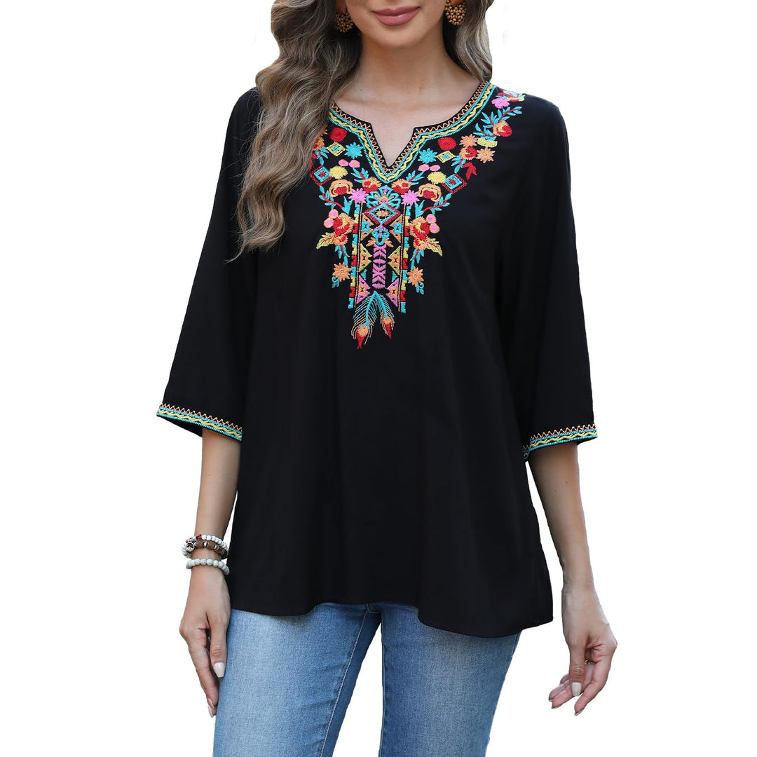Seasonal Boho Tunika Damen Sommer Mexikanische Blumen Bestickt V-Ausschnitt Top 3/4 Ärmel Hippie Los