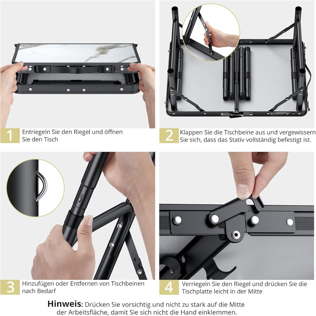 Anbte Campingtisch Tragbar 58x40x70 cm aus Alu, Marmorplatte mit 3 Verstellbare Höhe, Balkontisch Bi