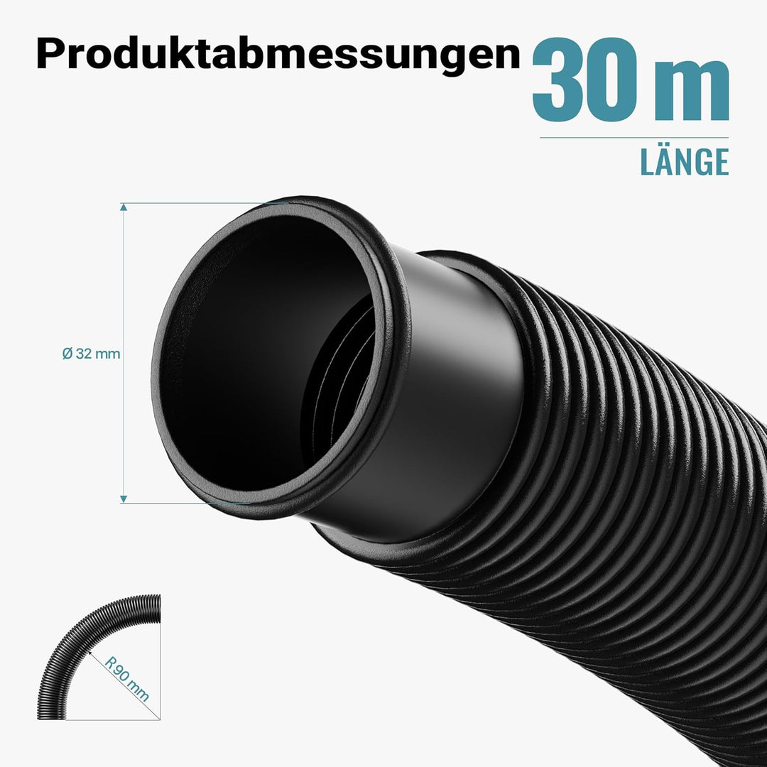 Wiltec Teichtip ® 30m - 32mm - Solarschlauch schwarz mit Muffe für Pool 165g/m - Made in