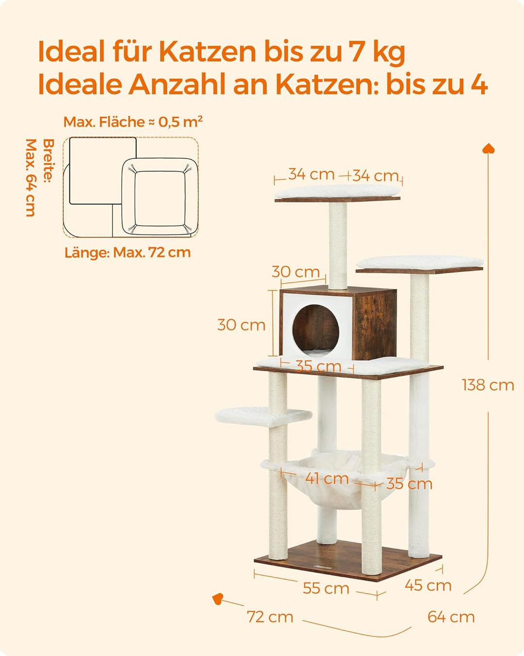 Feandrea Kratzbaum, 138 cm Katzenbaum, modern, mehrstöckiger Katzenkratzbaum, Kuschelhöhle, Sisalstä