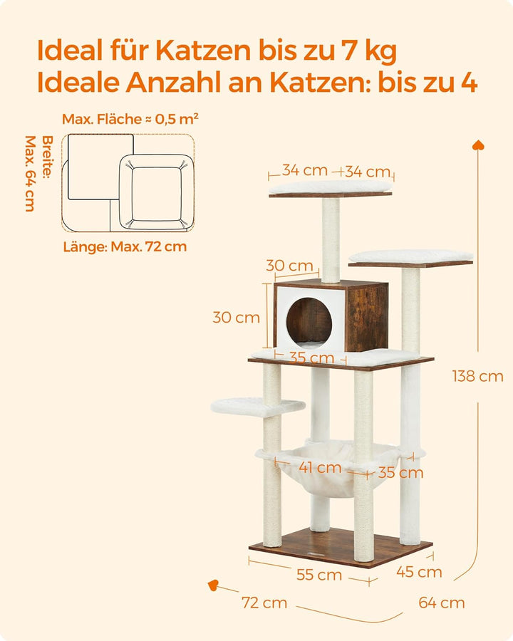 Feandrea Kratzbaum, 138 cm Katzenbaum, modern, mehrstöckiger Katzenkratzbaum, Kuschelhöhle, Sisalstä