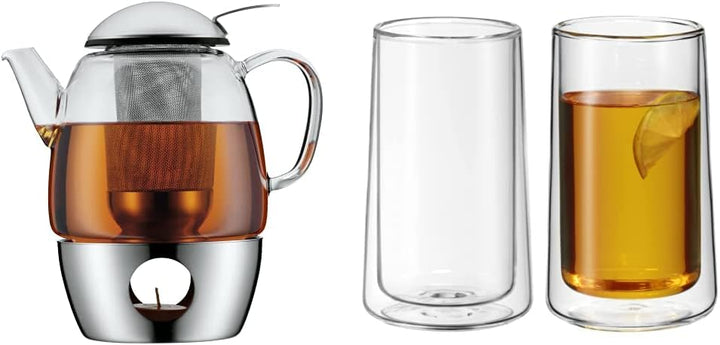 WMF SmarTea Teekanne mit Stövchen Set 3-teilig, Cromargan Edelstahl, Glaskanne 1l mit Siebeinsatz un
