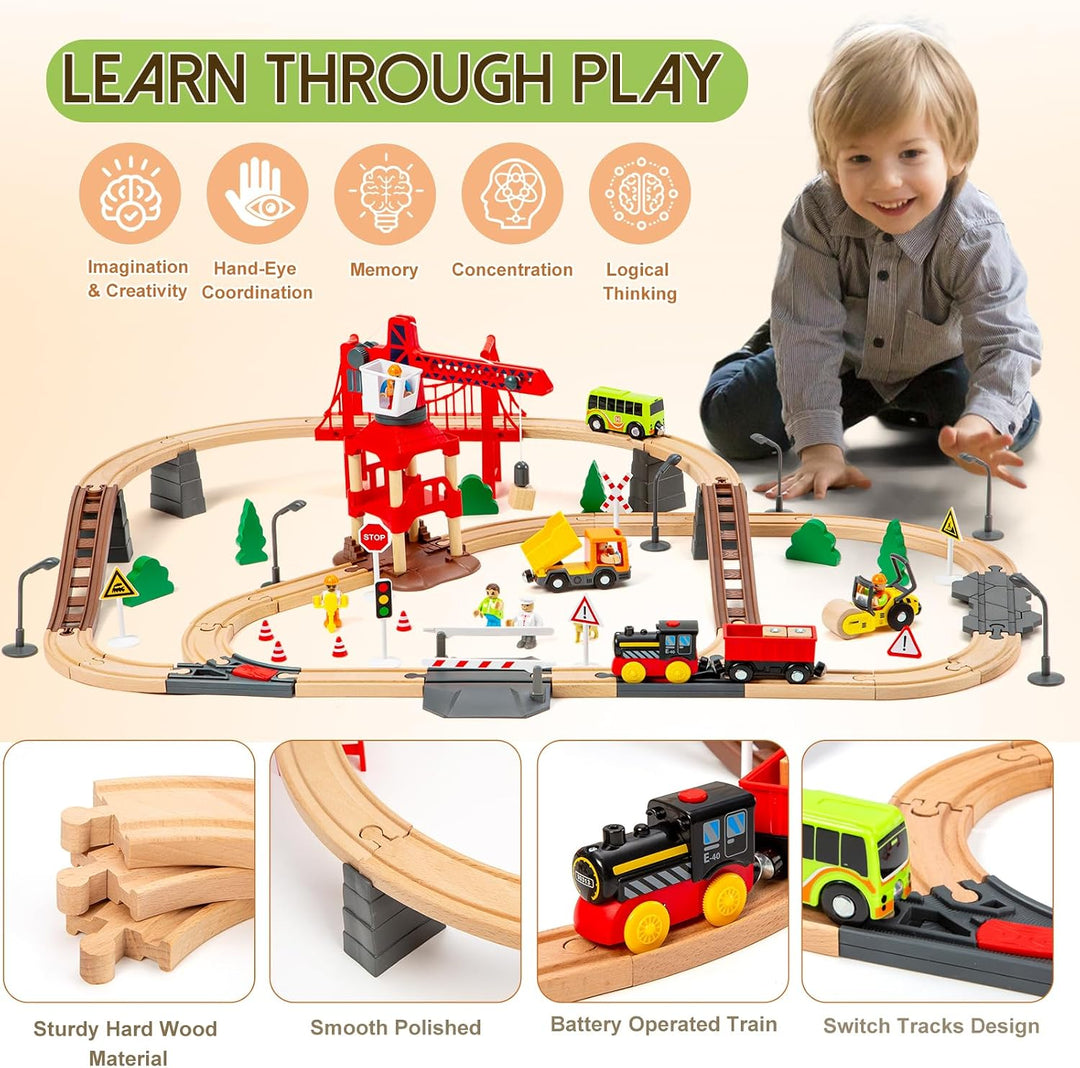 86PCS Holzeisenbahn Set mit Kran, Eisenbahn Holz mit Kran Spielzeug, Holz Eisenbahn Kinder, Passend
