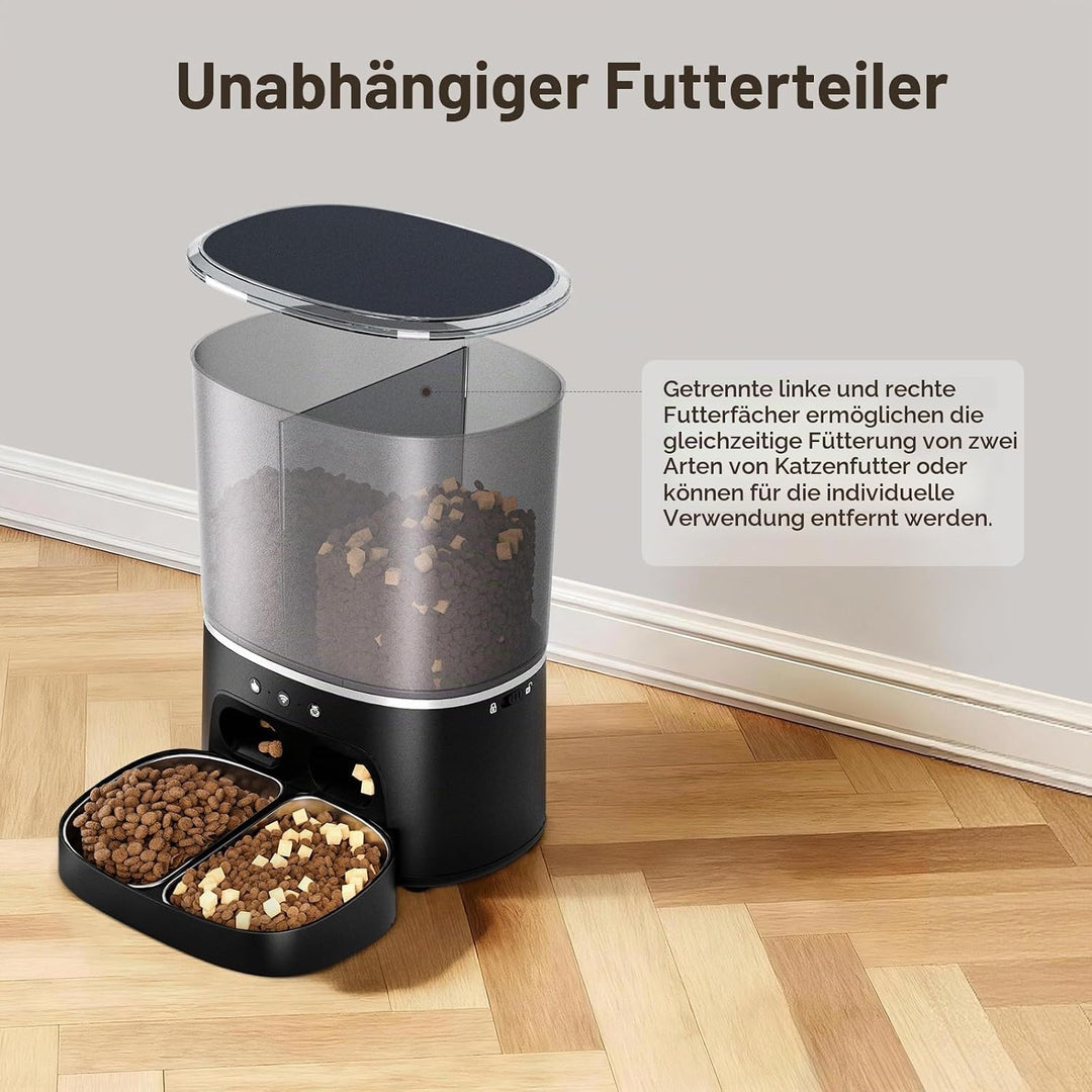 Futterautomat Katze, 2 Näpfe automat Katzenfutter mit APP, 8L Doppel Futterspender Katze, 2.4G WiFi