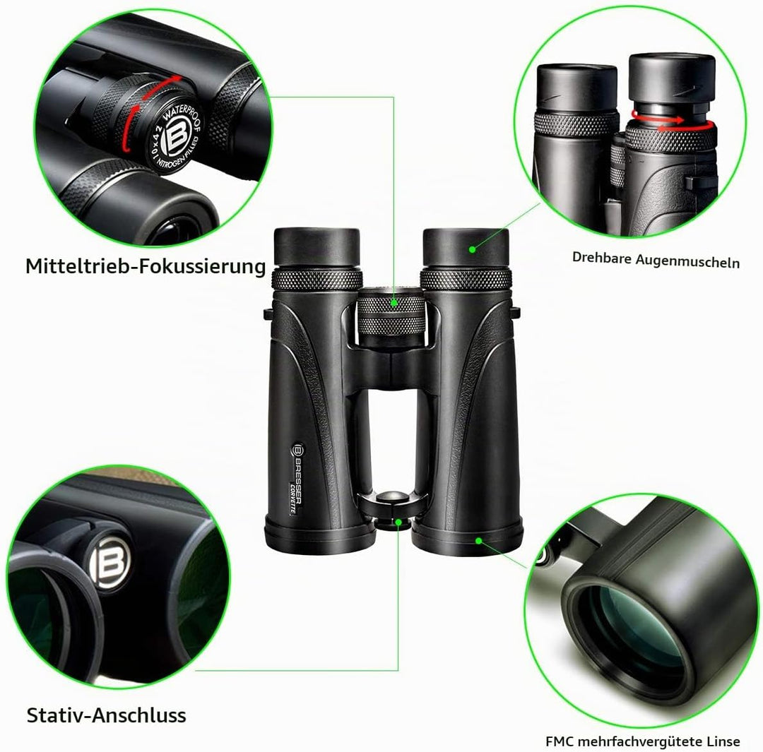 Bresser Fernglas Corvette 8x42 wasserdicht mit Nitrogenfüllung, BaK-4 Glas Prismen, LE-Okularen für