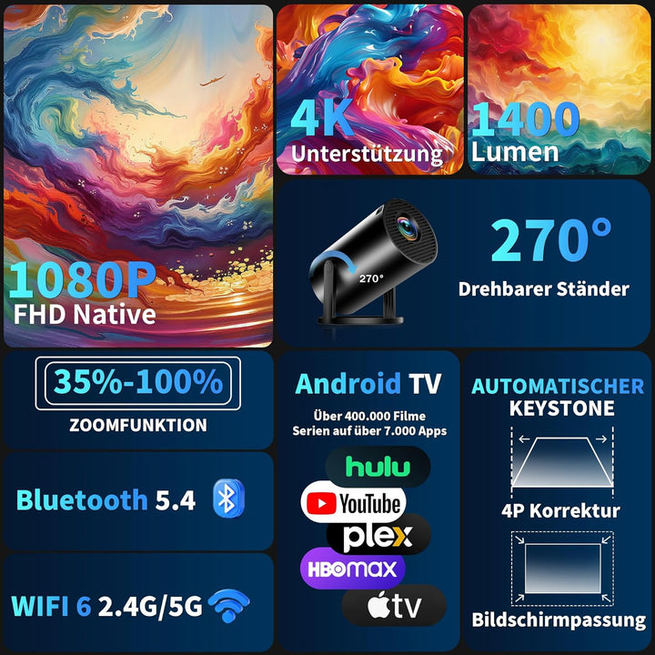 Mini Beamer 4K Full HD 1080P Mit 5G WiFi 6 und Bluetooth 5.4 2026 Neuer Tragbarer Projektor mit Auto