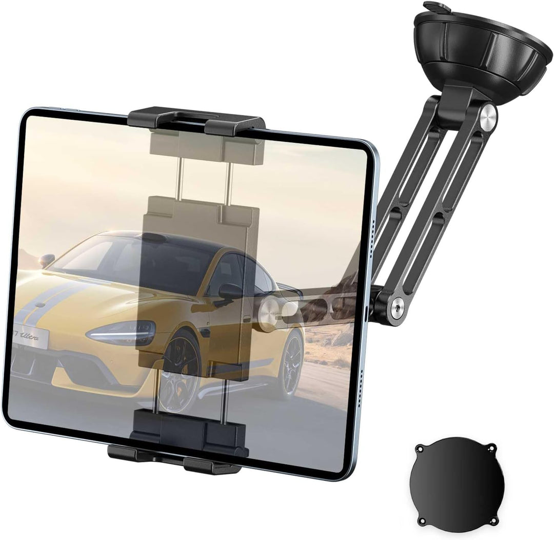 PLDHPRO Tablet Halterung Auto Vorne, Aluminium Arm iPad Halterung Saugnapf, Verstellbare Tablethalte