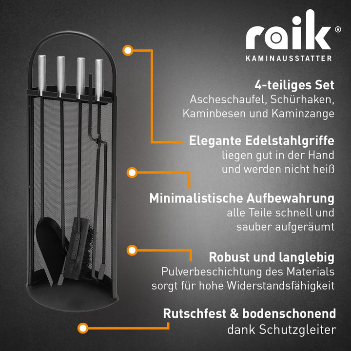 raik Kaminbesteck Set Albert 4-teilig inkl. Rindsleder Ofenhandschuh schwarz Kamingarnitur Stahl Sch