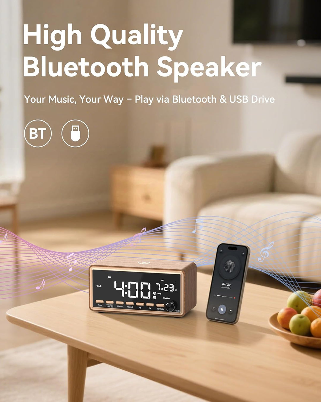 Wecker Digital mit FM-Radio, Dual-Alarm, Bluetooth Lautsprecher, White Noise Machine, Wireless Charg