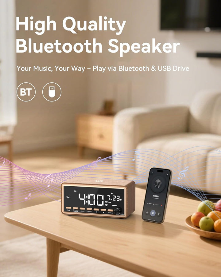 Wecker Digital mit FM-Radio, Dual-Alarm, Bluetooth Lautsprecher, White Noise Machine, Wireless Charg