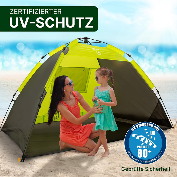 EXPLORER XXL Automatik Strandmuschel mit UV Schutz 80+ [220x150x130cm] kleines Packmass leicht und s
