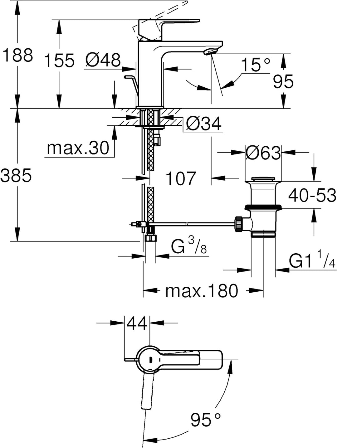 Grohe Lineare Einhand-Waschtischbatterie, XS-Size mittelstellung Kalt, 1 Stück, 23790001 Chrom XS-Si
