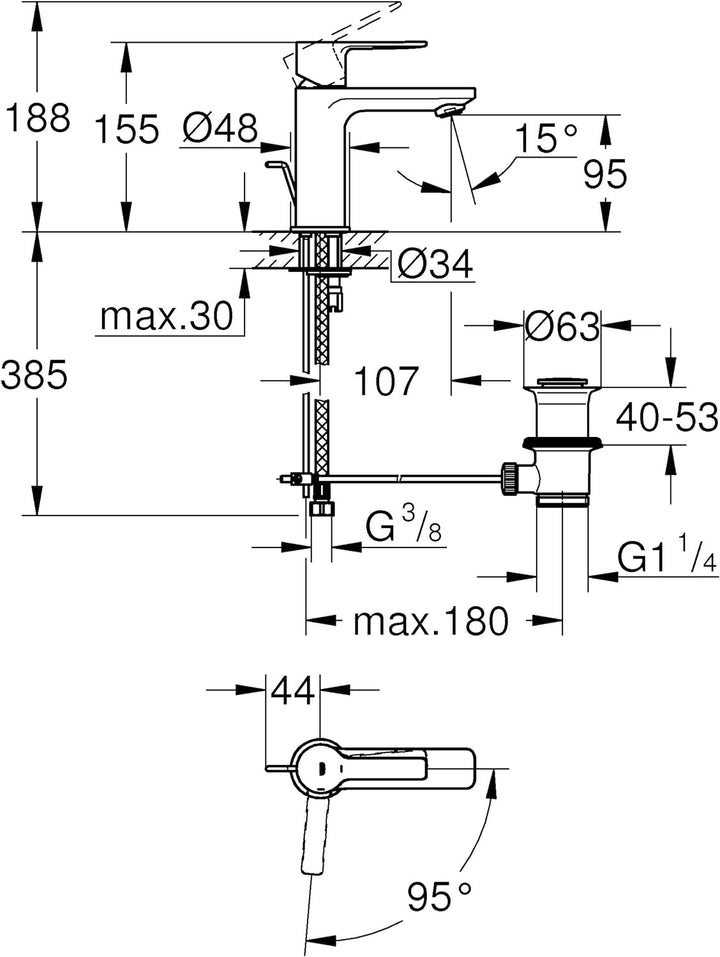 Grohe Lineare Einhand-Waschtischbatterie, XS-Size mittelstellung Kalt, 1 Stück, 23790001 Chrom XS-Si