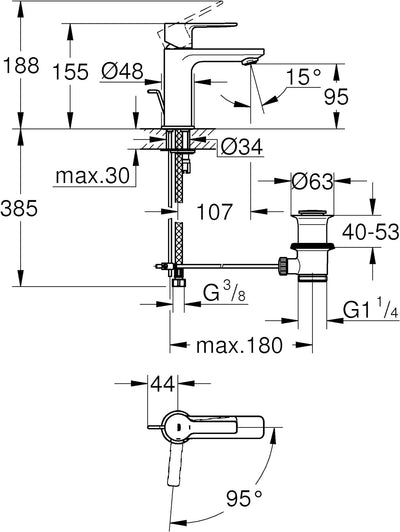 Grohe Lineare Einhand-Waschtischbatterie, XS-Size mittelstellung Kalt, 1 Stück, 23790001 Chrom XS-Si