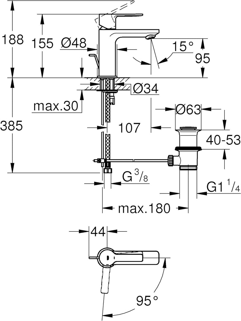 Grohe Lineare Einhand-Waschtischbatterie, XS-Size mittelstellung Kalt, 1 Stück, 23790001 Chrom XS-Si