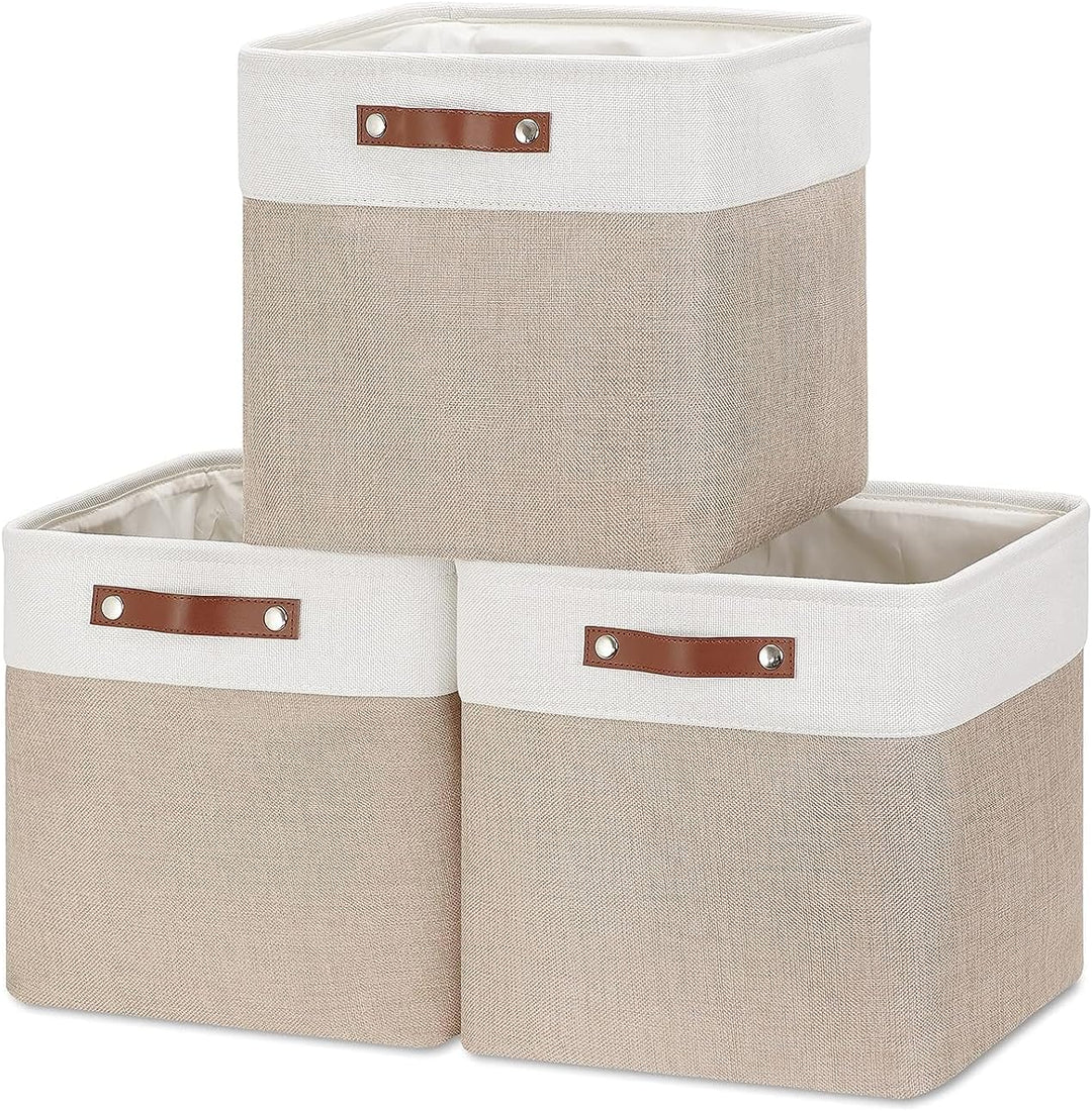 Mangata Aufbewahrungsboxen aus Stoff, 33 x 38 x 33 – 3 Stück, Light Khaki und Weiss 33x38x33cm 3pcs,