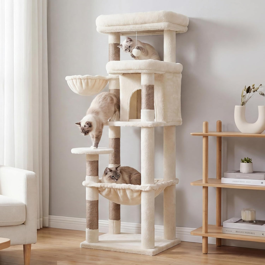 Heybly kratzbaum gross 142 cm mit Leichtem Aufstieg, Beige HCT028MJ | 2 Ruheplattformen, Katzenhöhle