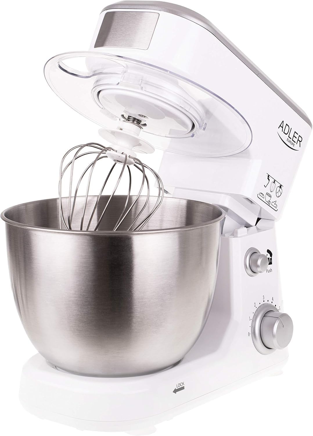 adler AD4216 Knetmaschine, 4 Liter, Einstellbare Geschwindigkeit, 1000 W, Weiss, Edelstahl Rostfrei