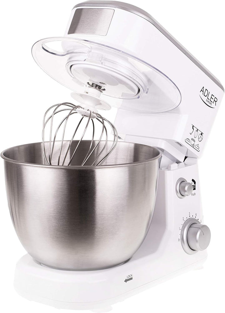 adler AD4216 Knetmaschine, 4 Liter, Einstellbare Geschwindigkeit, 1000 W, Weiss, Edelstahl Rostfrei