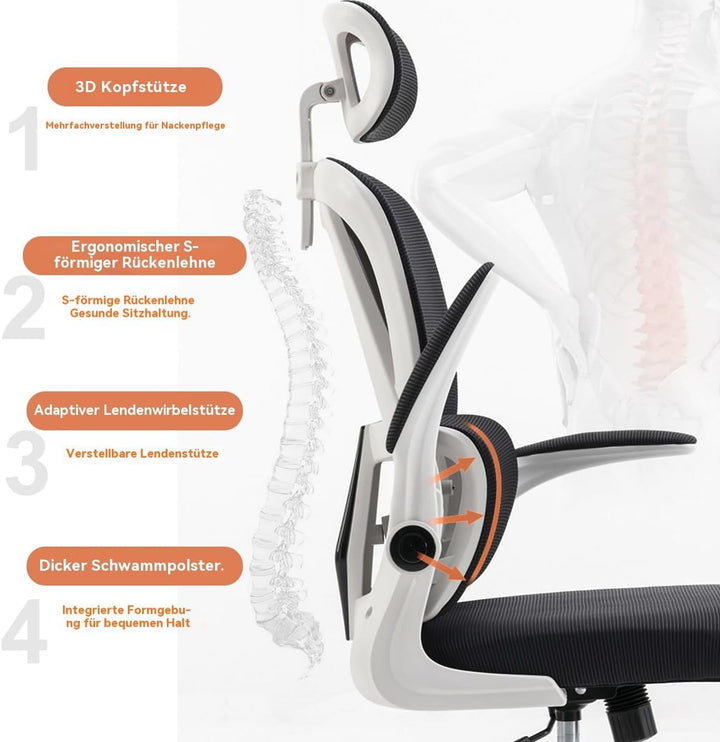 Ergonomischer Bürostuhl - Schwarz und weiss | Höhenverstellbarer Schreibtischstuhl mit Hochrücken,Me