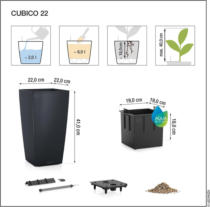 LECHUZA CUBICO Premium 22 anthrazit metallic 18463 22x22x41 cm Anthrazit Metallic, 22x22x41 cm Anthr