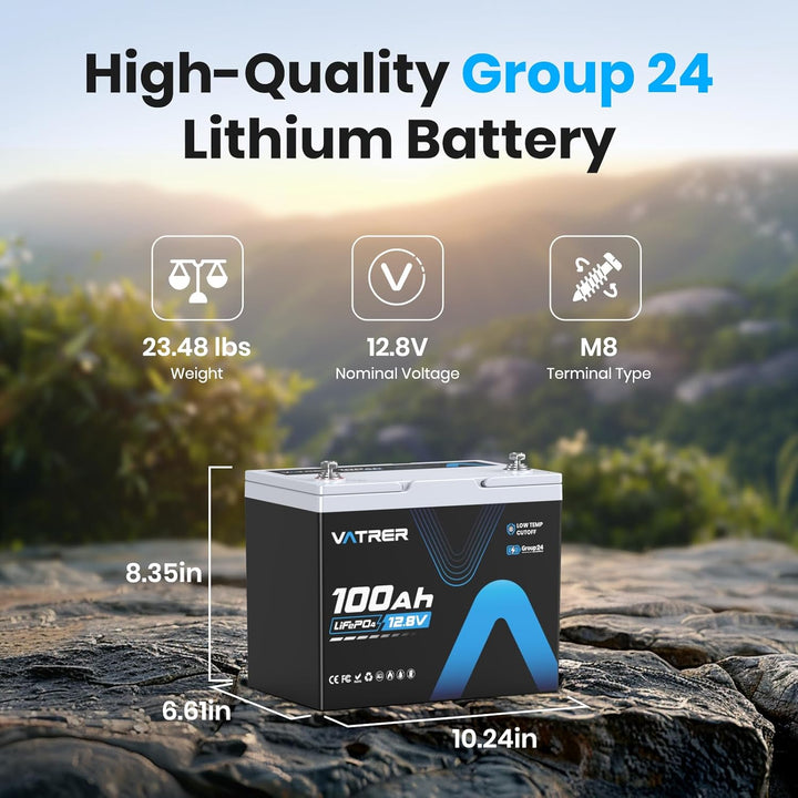12V 100AH Gruppe 24 LiFePO4 Lithiumbatterie mit 100A BMS, 4000–15000 Ladezyklen, inklusive 14,6V 20A