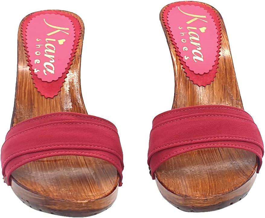 Holzeffeckt Clogs mit doppeltem rotem Band hoher Absatz 9 cm - K6101 AMARANTA (36 EU, ROT) 36 EU Rot