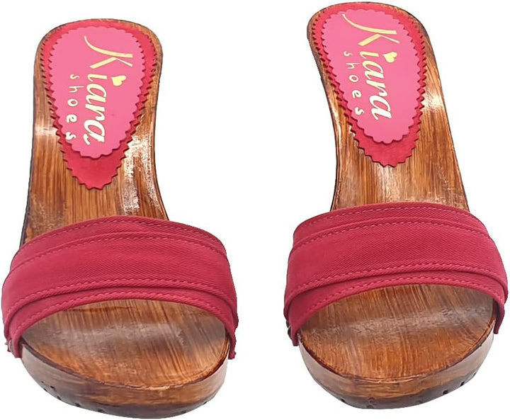 Kiara Shoes Holzeffeckt Clogs mit doppeltem rotem Band hoher Absatz 9 cm - K6101 AMARANTA (41 EU, RO