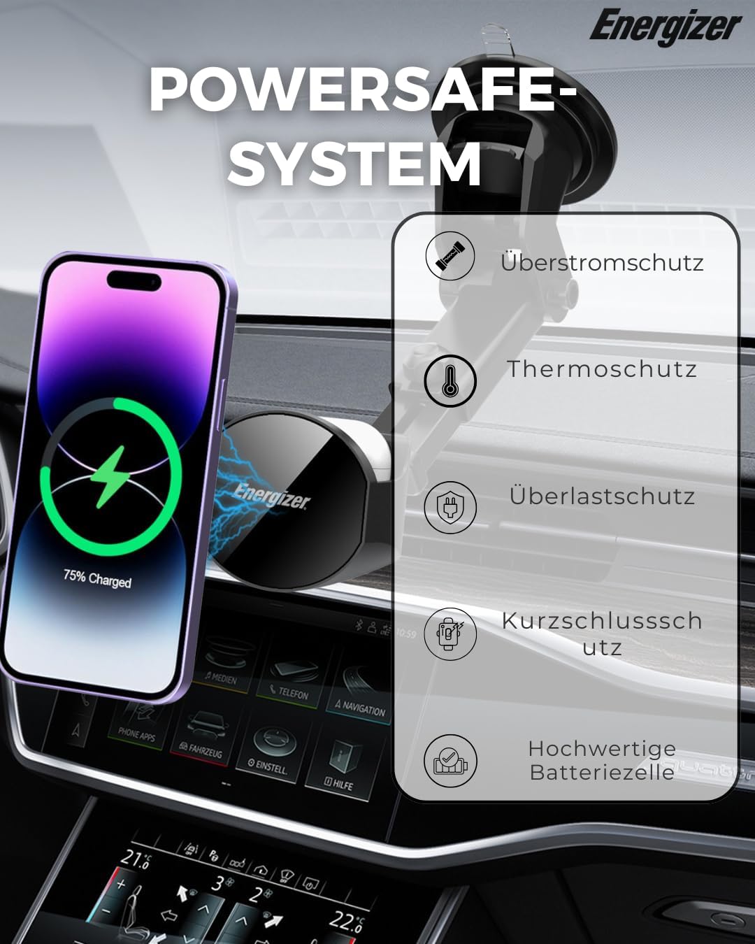 Energizer Magnetisches kabelloses Autoladegerät 15 W schnell | MagSafe Halterung für iPhone und Andr