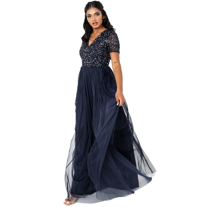 Maya Deluxe Damen Maya Deluxe V Neckline Embellished Maxi Kjole Brautjungfernkleid, Navy, 54 EU