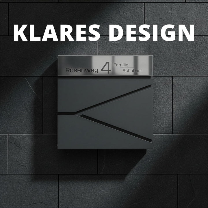 Grafner Premium Briefkasten personalisiert, RAL7016 mit Zeitungsfach und 2 Schlüssel, moderner Postk