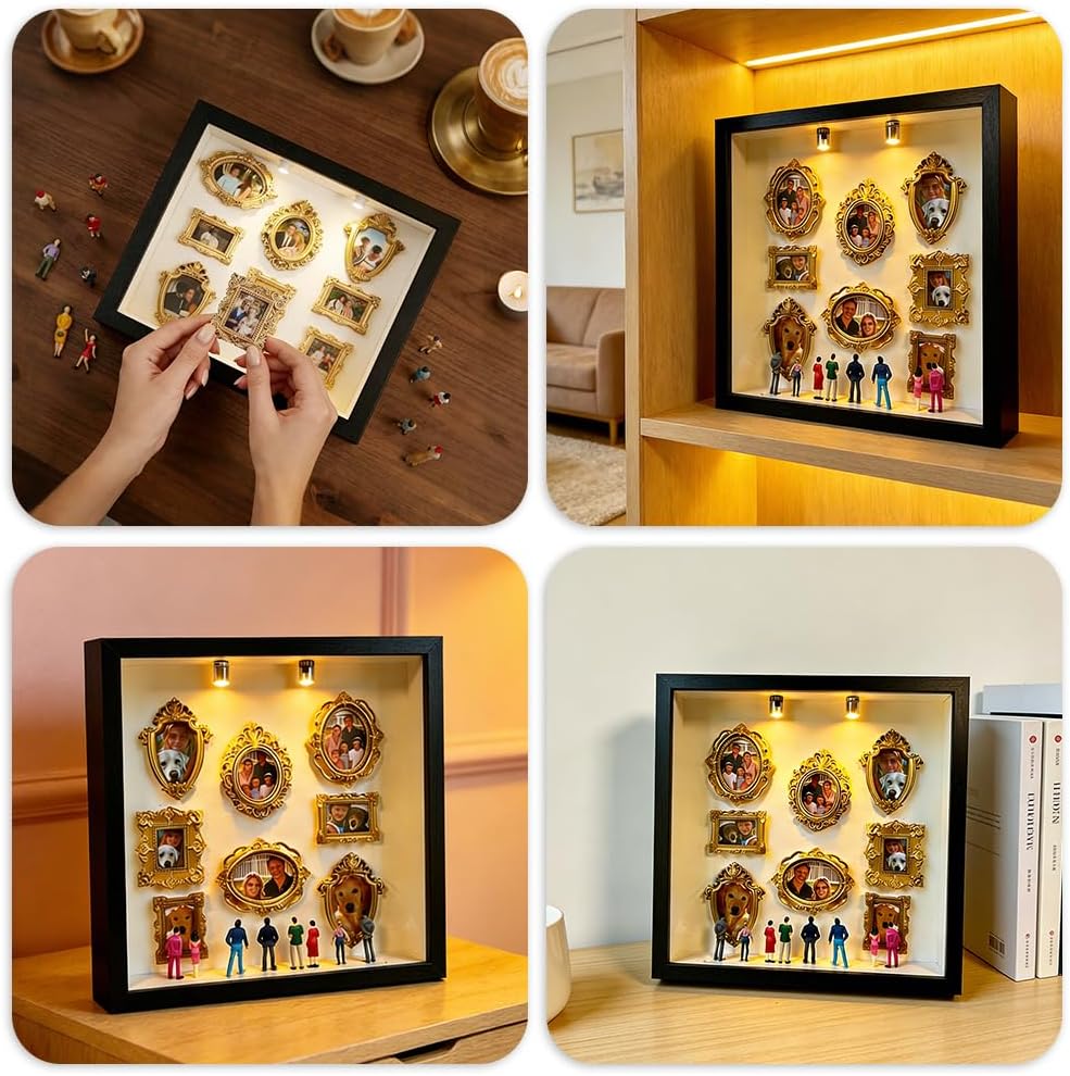 DIY Mini Museum Silhouette Box, Foto Erinnerungsanzeige Set mit 8 Mini Bilderrahmen Gold & 8 Zufälli