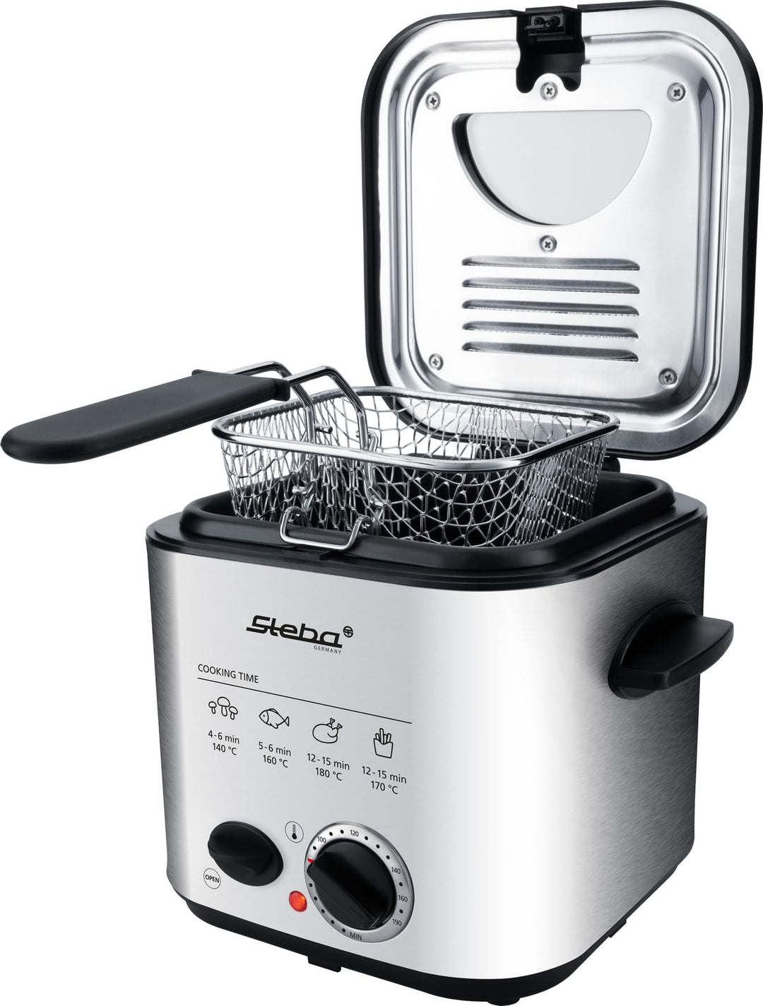 Steba Edelstahl Mini-Fritteuse mit Fondue-Set 2in1 - Geruchsfilter - 1,2 Liter Volumen - 8 Edelstahl