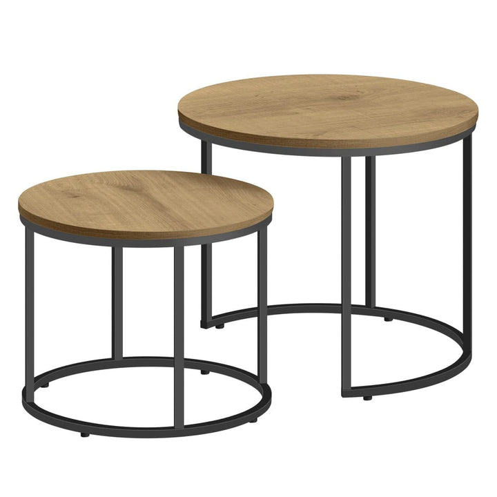 NMK HOME Couchtisch Holz Rund 2er Set 43/53 cm - Runder Couch Tisch - Industrielle Satztische Eiche