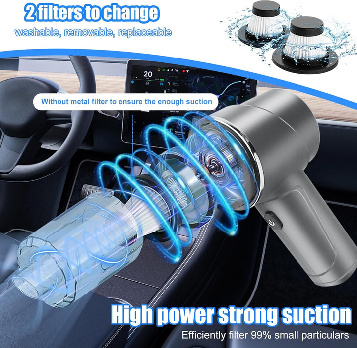 Handstaubsauger Akku Kabellos 12000PA 4 in 1 Mini Autostaubsauger mit 2 Waschbar HEPA-Filter Für den