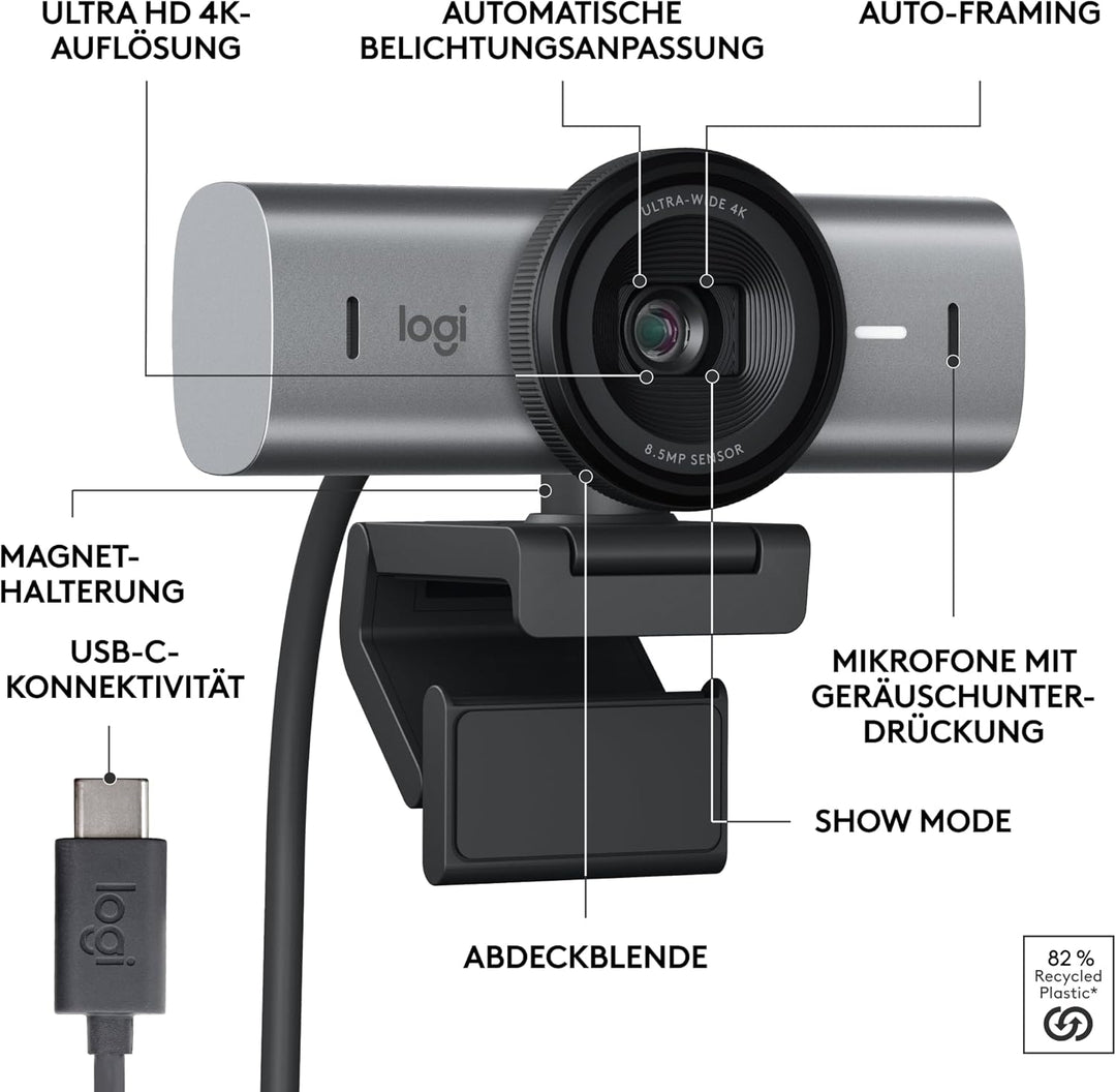 Logitech MX Brio Ultra HD 4K Collaboration and Streaming Webcam, 1080p at 60 FPS, Dual Noise Reducin