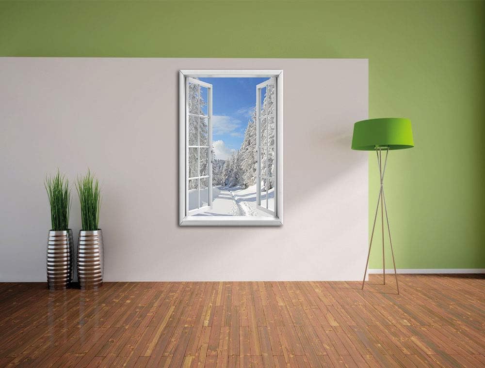 Pixxprint Winterlandschaft Bäume, Fenster Leinwandbild | Grösse: 100x70 cm | Wandbild | Kunstdruck,